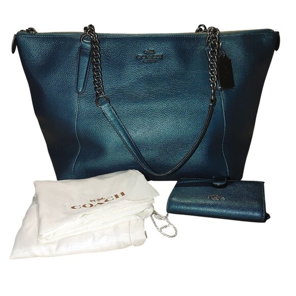 Coach Ava Chain Leather Shoulder Bag Wallet Set Metallic Teal Turquoise Nickle - Picture 1 of 15